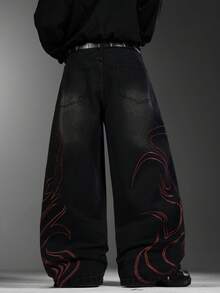 Men's Art‑Inspired Jeans, Premium Textured Embroidery Design, Loose Wide‑Leg Comfort Casual All‑Season Pants (Belt & Accessories Not Included) - Black - View 2
