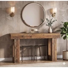Recibidor de Entrada Mueble de 160 centímetros de Largo, Mesa recibidor de Entrada Rectangular de Madera para Colocar detrás del sofá, credenza recibidor rústico para Pasillo o Sala de Estar. - Caqui - Ver 9
