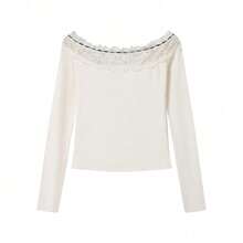 Women's Off-Shoulder Lace Trim Long Sleeve T-Shirt Inner Layer Fitted Top Autumn Base Layer Patchwork Knotted Lace Design Vacation Style - Apricot - View 9