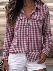 Women's Plaid Casual Versatile Daily Wear Shirt - Burgundy - View 4
