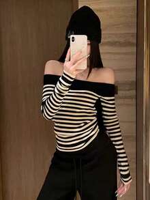 Women's Off-Shoulder Striped Knit Top, Autumn/Winter Slimming Base Layer, Sexy Cold Shoulder Contrast Color Sweater - Black and White Stripes - View 4