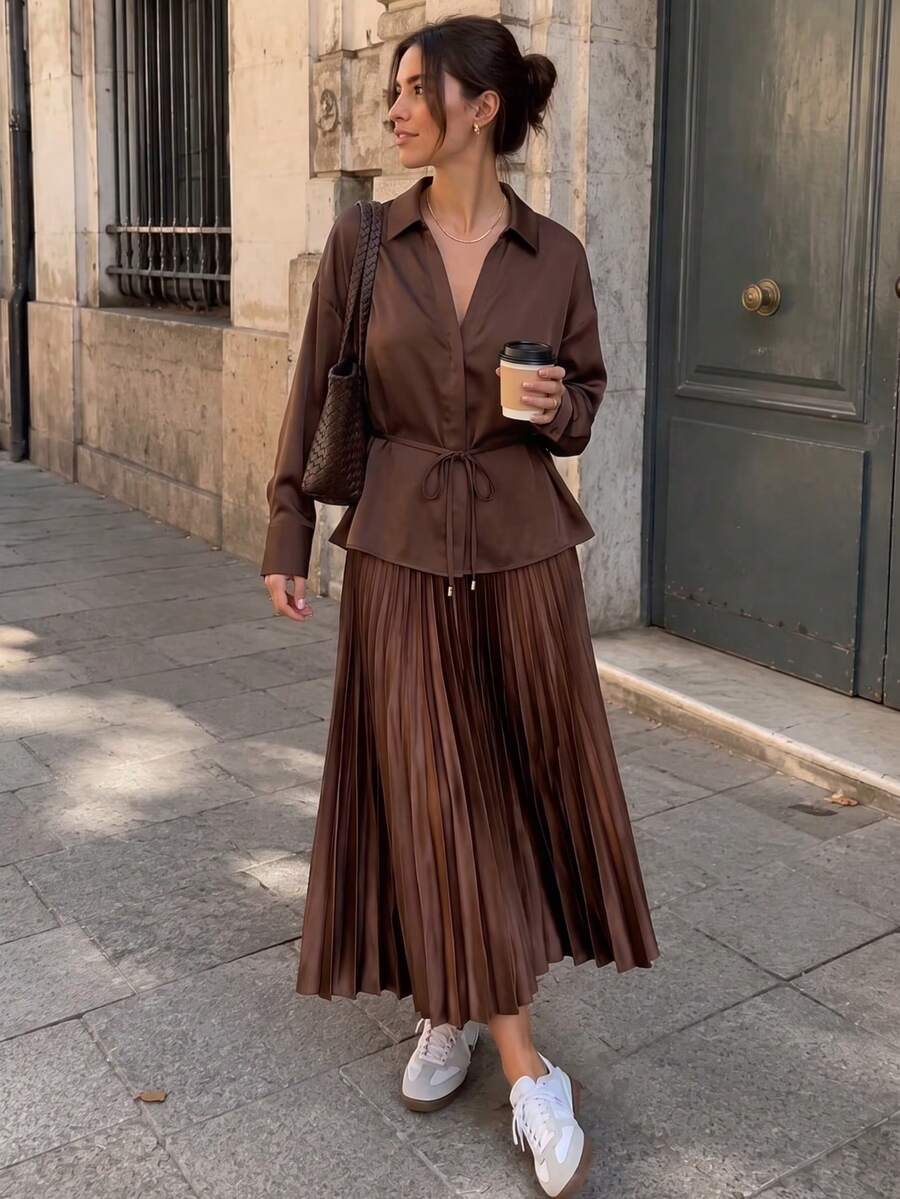 Camisa de satén de manga larga con cuello en V y corbata, primavera/otoño - Café integral - Ver 1