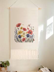 1PC Tapestry, Wall Hanging, Long Linen Vintage Tassel Tapestry, Vertical Wall Decor, Flower Print Design; Versatile For Living Room, Bedroom, Office, Party And More - Multicolor - View 8