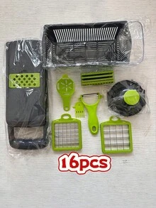 带容器的蔬菜切碎器 | 奶酪刨丝器、沙拉切片器、卷心菜切丝器、薯条切割器，不锈钢材质，适用于蔬菜、洋葱、土豆、水果，手动烹饪工具，厨房小工具，派对、生日厨房用品 - 灰色 - 查看 12