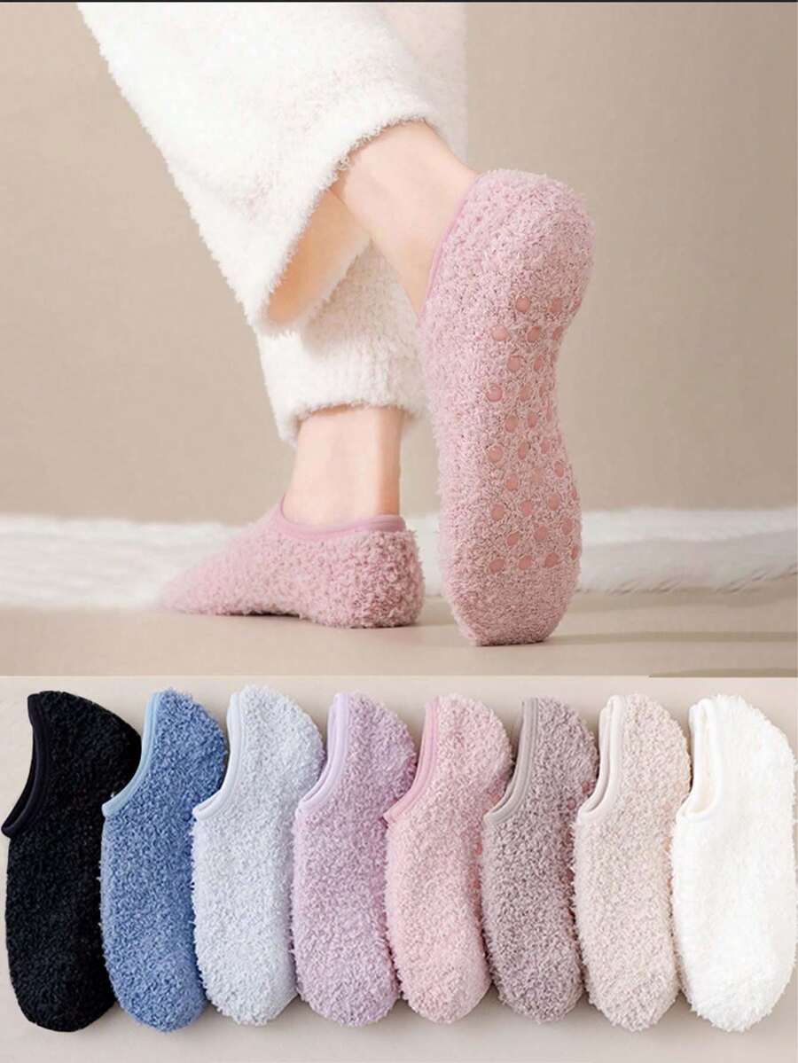 1/5/10 Pairs Random Women's Short Socks, Coral Fleece Plush Floor Socks, Autumn/Winter Indoor Home Non-Slip Short Tube Sleep Socks, Suitable For Multiple Occasions - Multicolor - View 1