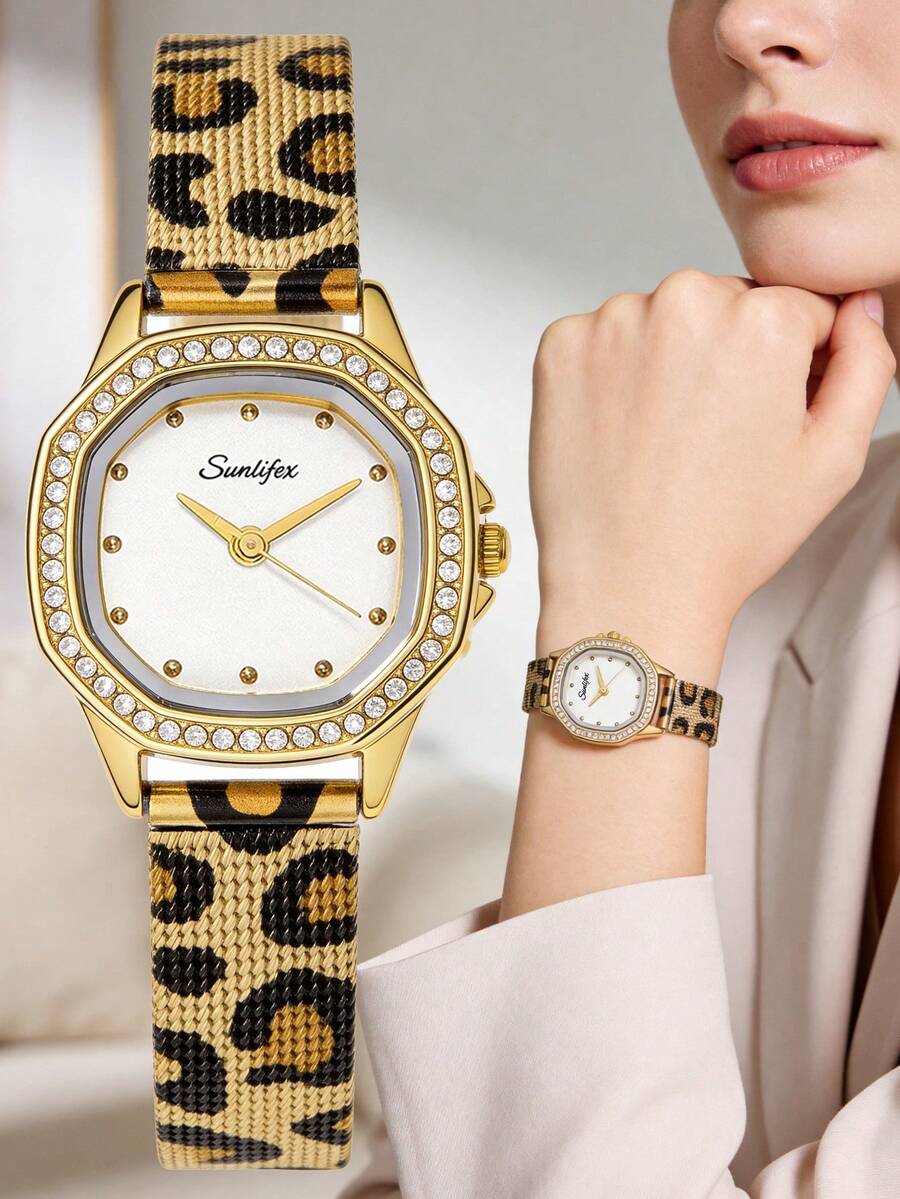 1件女款復古八角形水鑽英文字母手錶,金色合金水鑽錶殼,白色極簡錶盤,豹紋金屬網狀錶帶 - 白色 - 查看 1