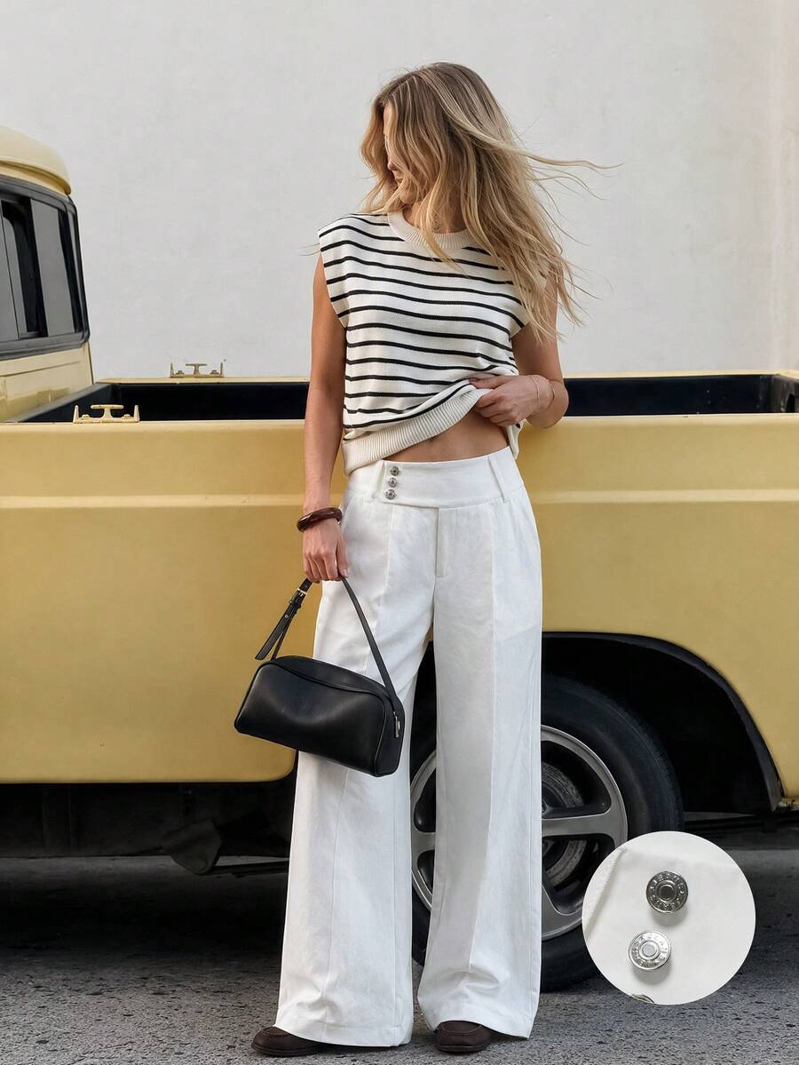 Women's White High-Waisted Wide Leg Pants, Multi-Button Waist Front Pleated Pockets Long Pants, Suitable For Office Casual Daily Wear - White - View 1
