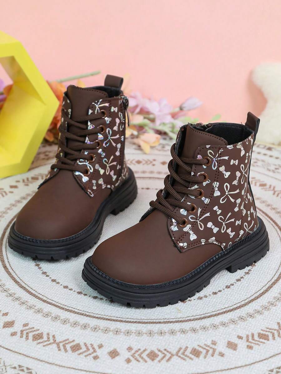 Sepatu Bot Pendek Anak Perempuan Terbaru Musim Gugur/Dingin, Motif Pita Perak di Seluruh Permukaan, Desain Blok Warna, Resleting Samping + Tali, Sol Tebal Anti Selip - Coklat - View 1