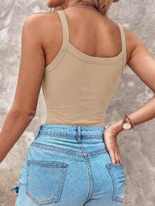 ChicMe 女款U領無袖細肩帶羅紋彈性連身褲，百搭輕便多功能疊穿背心上衣 - 卡其 - 查看 3