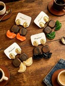 2pcs European & American Old Money Square Resin Foldable Artistic Design Pendant Earrings For Women & Girls, Daily Casual Party Jewelry Gift - Square Style - View 3
