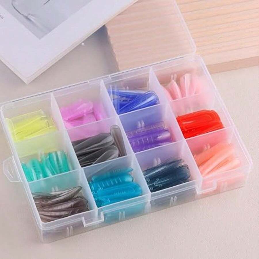 144pcs/Box Colorful Transparent Long Coffin/Oval Nail Extension Tips, Full Cover Extension Nail Molds, Suitable For UV Gel Acrylic Nails, Includes 12 Sizes, With Scale And U-Shaped Tip, Can Be Used For DIY Extended Artificial False Nails - Multicolor - View 1