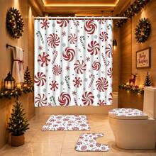 1/4pcs Christmas Candy Cane & Snowflake Pattern Shower Curtain Set With 12 Hooks, Polyester Fabric Bathroom Decor, Machine Washable Holiday Shower Curtain, Suitable For Winter Wonderland Theme, Easy Installation - A - View 23