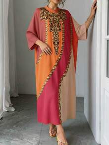 Women's Loose Long Kaftan Robe With Stand Collar And Round Collar, Gold Embroidery Pattern, Stand-Up Collar, Elegant Arabic Style, Suitable For Ramadan, Eid And Various Gatherings - Orange - View 6
