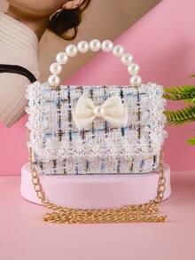 1pc Mini Kids Beaded Handbag With Pearl Trim And Bow Decor, Striped PU Material, Flap Closure, Fashionable One Shoulder Crossbody Bag, Casual Snack Coin Purse For Girls, Suitable For Holidays And Daily Use - White - View 5