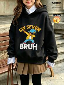 2026 Autumn/Winter Loose Black Hooded Sweatshirt, Girls', Cartoon Pattern, "SIX SEVEN" And "BRUH" Text, Casual Street Style - Black - View 1