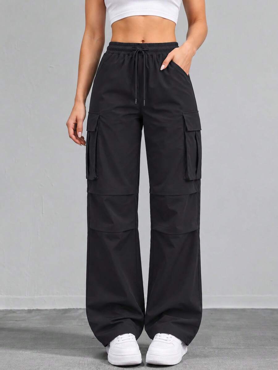 Women's Black Drawstring Waist Wide Leg Cargo Pants With Large Flap Pockets Casual Relaxed Fit Trousers For Daily Wear - Black - View 1