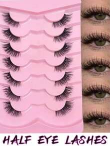 7 Pairs Of Half False Eyelashes, Clear Band, Cat Eye Style, Long And Natural, Light And Airy, Mink-Like Material, Fluffy And Soft, Creates A Natural Look, Suitable For Daily Wear, Parties, Valentine's Day Makeup. - Black - View 5