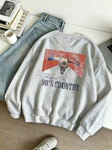 Women's Retro-Style Hoodie; Western-Style Autumn Sweatshirt With Bull Print; Solid Color Design, With Long Sleeves... - Light Grey - View 6