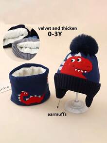 Children's Dinosaur Knit Hat And Scarf 2pcs Set, Autumn/Winter Cartoon Woolen Hat, Baby Ear Protection Hat, Thickened Cute - Multicolor - View 5