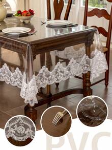 1pc Transparent PVC Lace Embroidered Trim Tablecloth, Table Mat, Stain-Resistant, Anti-Dirt, Dining Table Side Cabinet Decorative Tablecloth - White - View 3