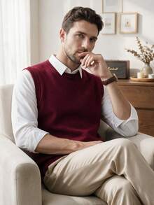 Men's Crew Neck Solid Colored Knit Sweater Vest, Autumn/Winter - Burgundy - View 3