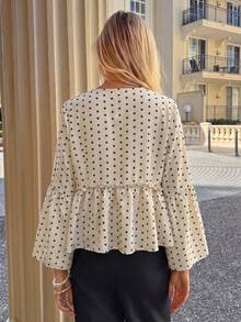 Blus Leher V Motif Polkadot, Atasan Lengan Panjang dengan Detail Kerut dan Ikatan di Depan, Pakaian Musim Gugur untuk Wanita - MultiWarna - View 3