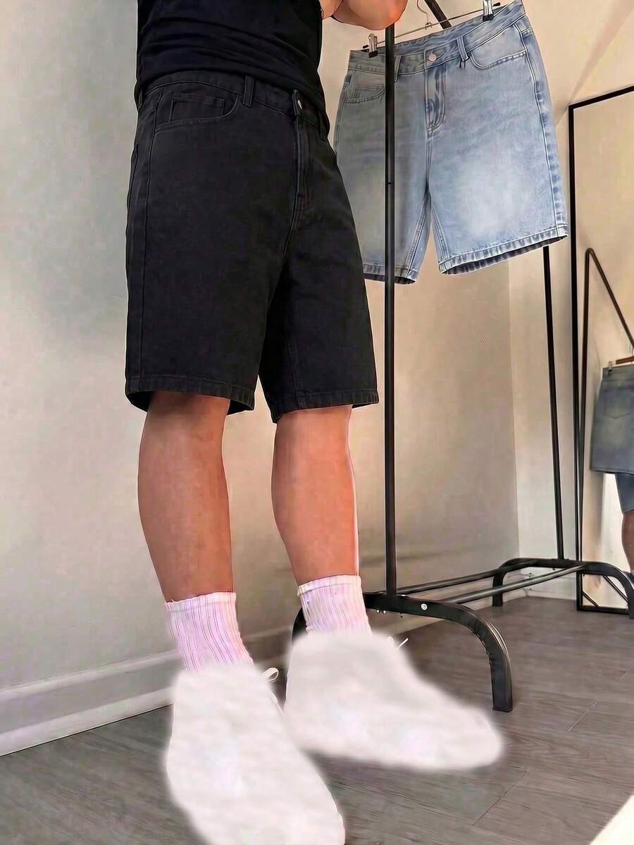 Men's Denim Shorts Knee Length Straight Leg Cotton Denim Jeans Hip-Hop Street Style Bermuda Shorts - Black - View 1