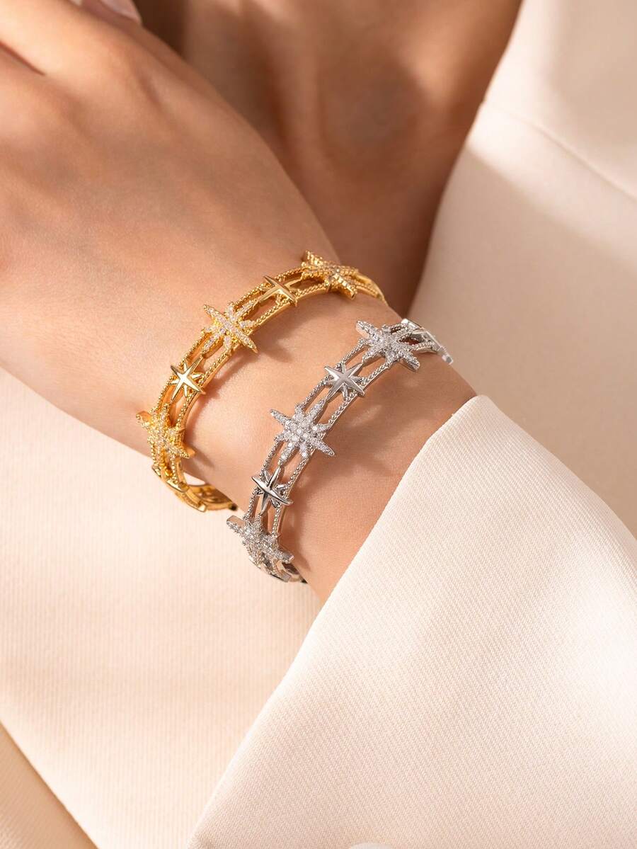 1pc Fashionable Exquisite European & American Vintage Style Multi-Star Sparkling Cubic Zirconia Open Bangle Hollow Design Versatile For Party Wear - Fashion Bracelets - View 1
