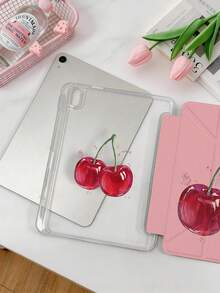 1pc Red Big Cherry Tablet Case Compatible With IPad Mini6/Mini7/10.2/10.5/10.9 (Air4-Air8)/Pro 11/10th Gen/A16/Pro 11 2024 Models, Double-Sided Painted Pattern, Transparent Acrylic Back Shell, Silk Texture 8-Fold Stand, Auto Sleep/Wake, Built-In Pencil Slot, Pencil Not Included, Some Models With Camera Frame - Multicolor - View 3