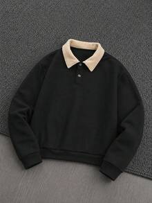 Men's Contrast Color Fleece Collar Polo Sweatshirt, Solid Color Button Placket Long Sleeve Drop Shoulder Casual Pullover Streetwear Top - Black - View 5
