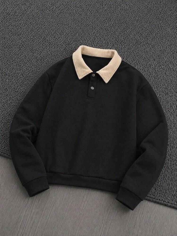 Men's Contrast Color Fleece Collar Polo Sweatshirt, Solid Color Button Placket Long Sleeve Drop Shoulder Casual Pullover Streetwear Top - Black - View 5
