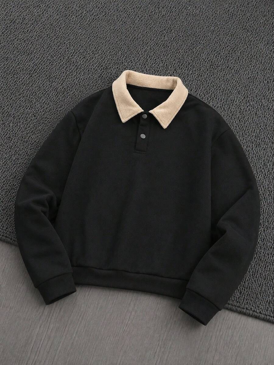 Men's Contrast Color Fleece Collar Polo Sweatshirt, Solid Color Button Placket Long Sleeve Drop Shoulder Casual Pullover Streetwear Top - Black - View 1