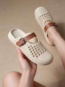 Women's Summer Hollow-Out Clogs, Closed-Toe Hollow-Out Sandals, Fashionable Slippers, Non-Slip Soft Sole Beach Casual Shoes - Apricot - View 3