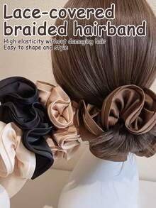 3pcs Solid Color Retro Oversized Woven Headbands, Premium Satin Fabric, Suitable For Ponytail Hairstyles, Back To School Season - Multicolor - View 1