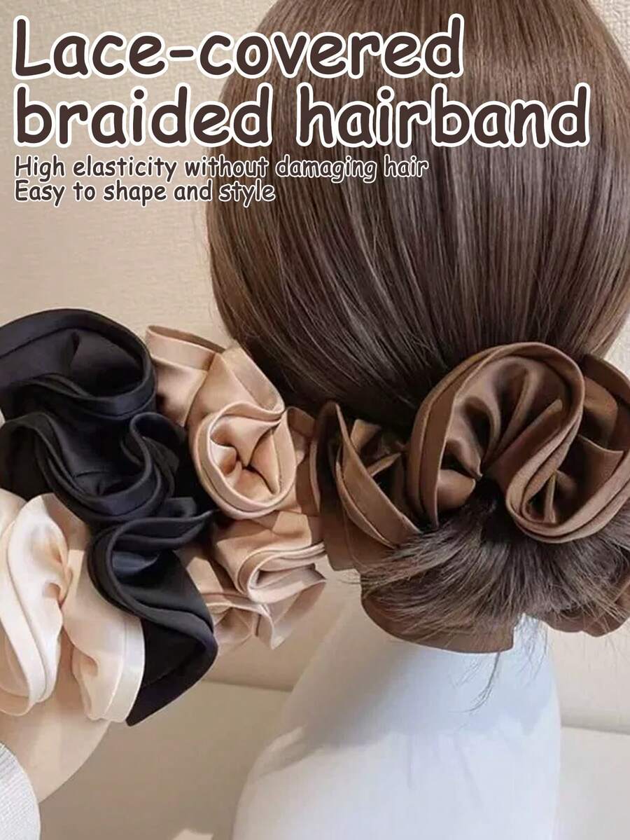 3pcs Solid Color Retro Oversized Woven Headbands, Premium Satin Fabric, Suitable For Ponytail Hairstyles, Back To School Season - Multicolor - View 1