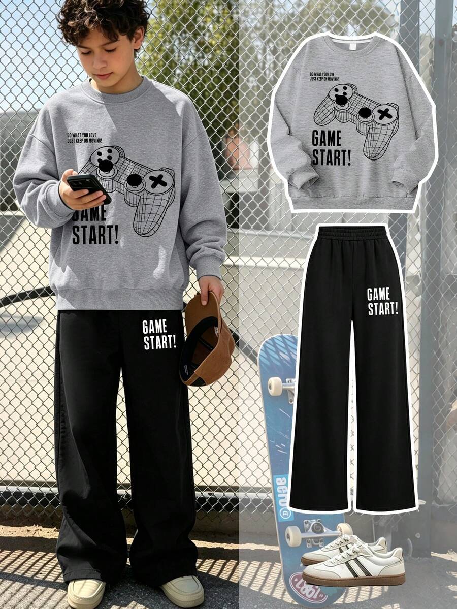 2pcs/Set Boys Round Neck Long Sleeve Sweatshirt With Game Controller Graphic And Minimalist Wide Leg Pants, Autumn/Winter New Daily Outfit - Grey - View 1