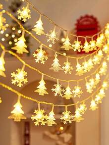 Christmas Decoration Snowflake & Christmas Tree Mixed String Lights, Christmas Tree Decor LED Snowflake Reindeer Fairy String Lights, Battery Powered Christmas Home Decor Warm White LED Reindeer String Lights, Bedroom Wall Decor Snowflake Lights, Tabletop Decor Lights - Clear - View 2