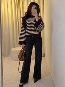 MORI Fall Winter Women Sweaters Elegant Casual Y2K Brown Striped Mock Neck Wide Bell Sleeve Drop Shoulder Oversized Loose Knit Pullover Top - Brown - View 4