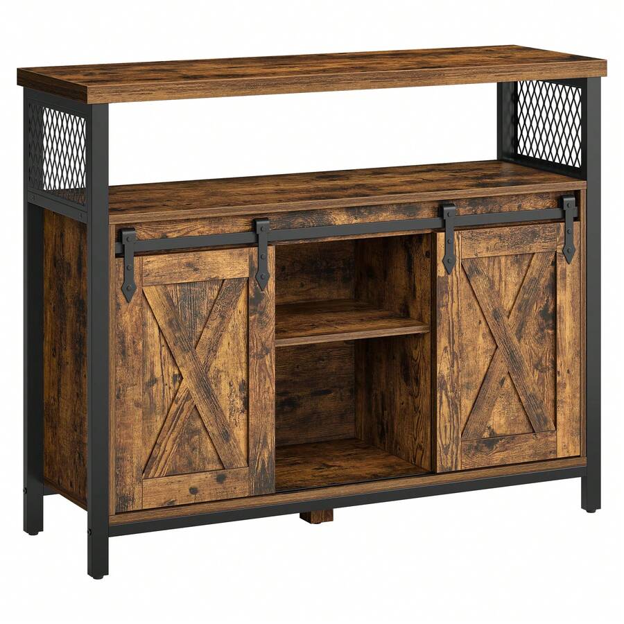VASAGLE Aparador, Armario de Cocina, Armario de Almacenamiento, con 2 Puertas Correderas, Estantes Ajustables, para Salón, 33 x 100 x 80 cm, Marrón Rústico y Negro Tinta LSC092B01V1