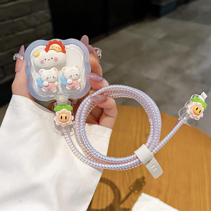 5件組適用於英國 20W TPU 波浪邊透明軟殼，可愛兔子太陽與雲朵設計雷射漸層色數據線保護套 - 雲朵小兔 - 查看 1