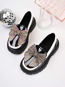 Girls' Shiny Thick Sole Loafers, Rhinestone Bow Slip-On Non-Slip Dress Shoes - Black - View 1