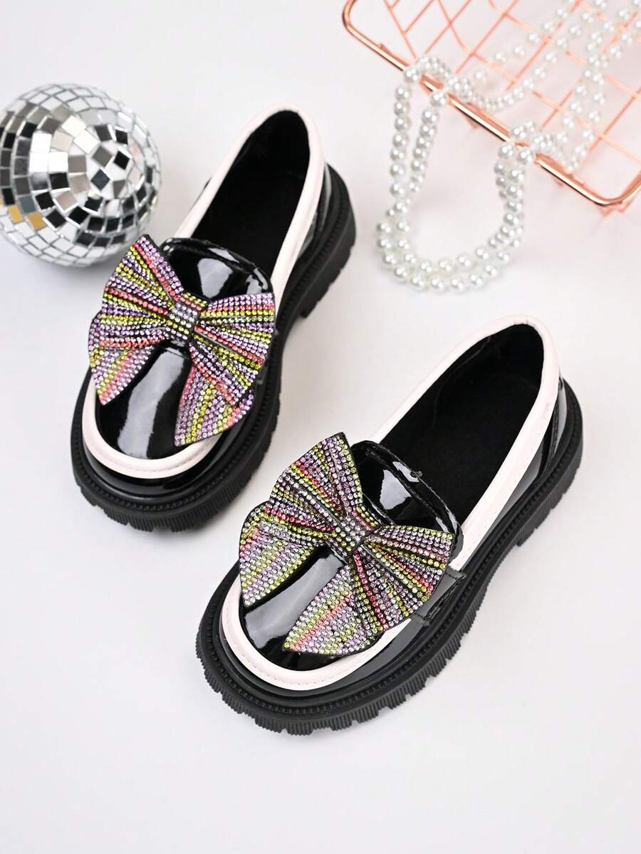 Girls' Shiny Thick Sole Loafers, Rhinestone Bow Slip-On Non-Slip Dress Shoes - Black - View 1