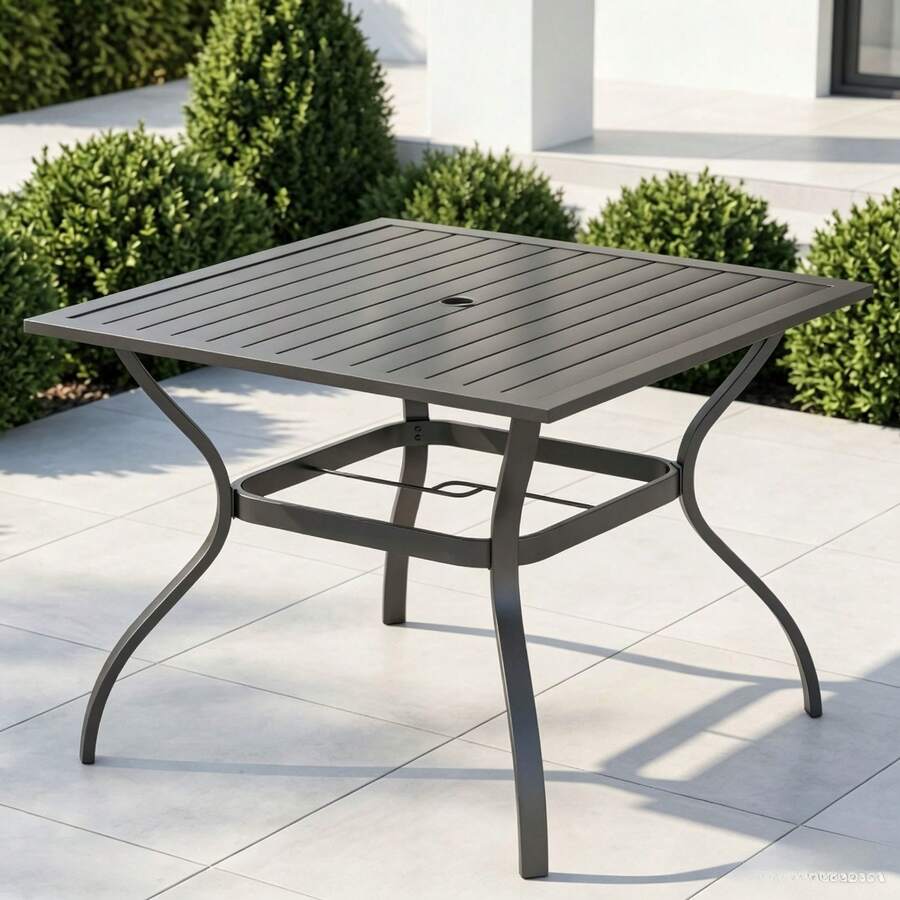 1 Mesa de Comedor Exterior Cuadrada de 37 Pulgadas para 4 Personas, Mesa de Patio de Metal con Revestimiento Electrónico, Agujero para Paraguas de 1.5 Pulgadas, Estructura Resistente para Jardín, Terraza y Exteriores - Negro - Ver 1