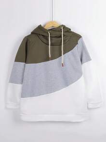 Plus Size Women's Long Sleeve Drawstring Colorblock Hooded Sweatshirt - Army Green - View 3
