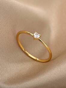1 pieza Anillo de oro de 18K chapado en acero inoxidable para mujer, con piedra de circonita en forma de corazón, joyería resistente al agua, estilo Ins, joyería para mujer, regalo exquisito, anillo con piedra preciosa, regalo del Día de San Valentín, anillo elegante - Dorado - Ver 3