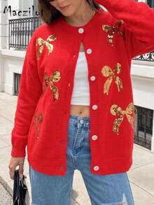 Plus Size Women's Autumn/Winter Button Front Sequin Bow Long Sleeve Knit Cardigan, Casual Commute Date Party Jacket - Orange - View 3