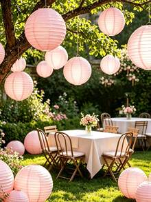 9pcs/Set Elegant Pink Paper Lanterns, Includes 9 Lanterns And 9 Stands, Round Handmade Foldable Decorations, Suitable For Weddings, Birthdays, Anniversaries, New Year Celebrations, Christmas Decor And Halloween Decor - As Shown - View 2