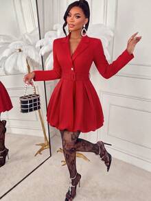 Elegant Red Blazer Dress For Women, V-Neck Long Sleeve Belted A-Line Short Dress, Perfect For Fall & Winter Outings - Red - View 5