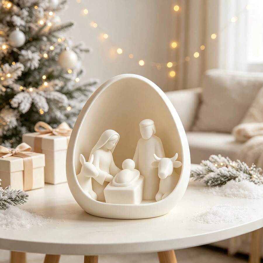 3D Printed Egg Shape Nativity Scene Figurine, Holy Family Birth Of Jesus Tabletop Ornament, Christmas Religious Home Decor - A - View 1