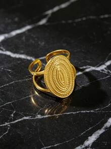 SEEKGLEE 1pc Golden Oval Textured Open Ring, Bohemian Style Stainless Steel Adjustable Finger Ring For Women - Yellow Gold - View 3